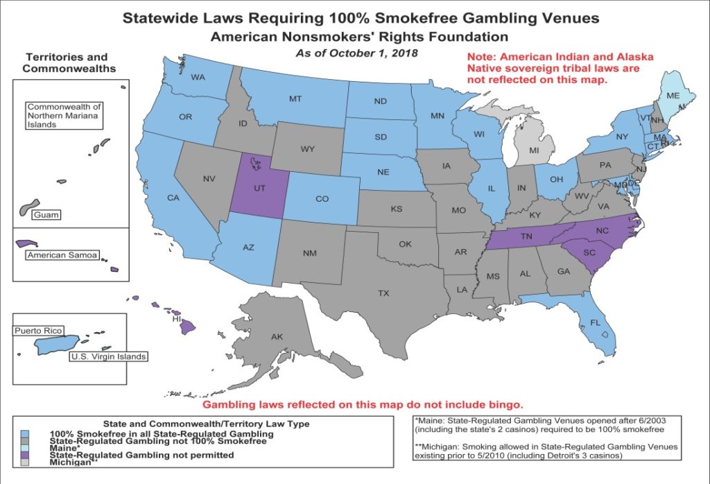 map of statewide 100 percent smokefree gambling laws